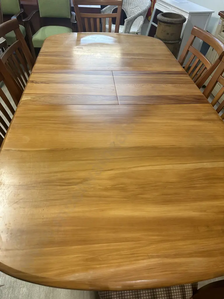 Rimu Dining Table & Six Chairs With Curved Slat Back & Checked Upholstered H75,W198,D100cm. Extention 39cm. Image 1++