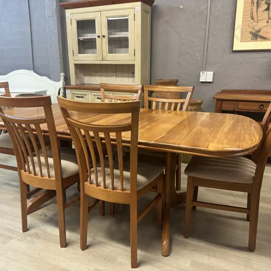 Rimu Dining Table & Six Chairs With Curved Slat Back & Checked Upholstered H75,W198,D100cm. Extention 39cm.