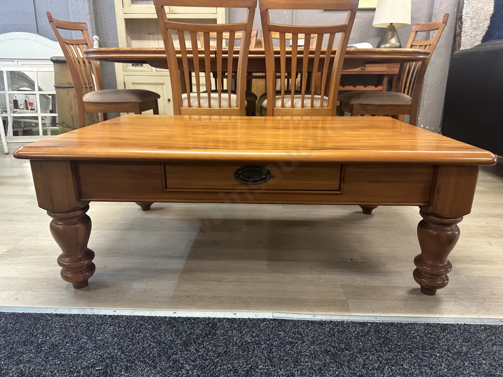 The 'Woodsmiths' Maungaturoto Recycled Rimu Coffee Table 'The Gum Digger'Collection Turned Legs With Single Drawer H45,L Image 1++