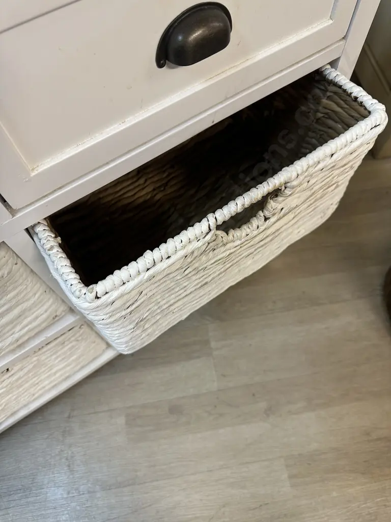 White Painted Storage Unit With Two Drawers & Four Baskets H77,W90,D38cm. Image 1++