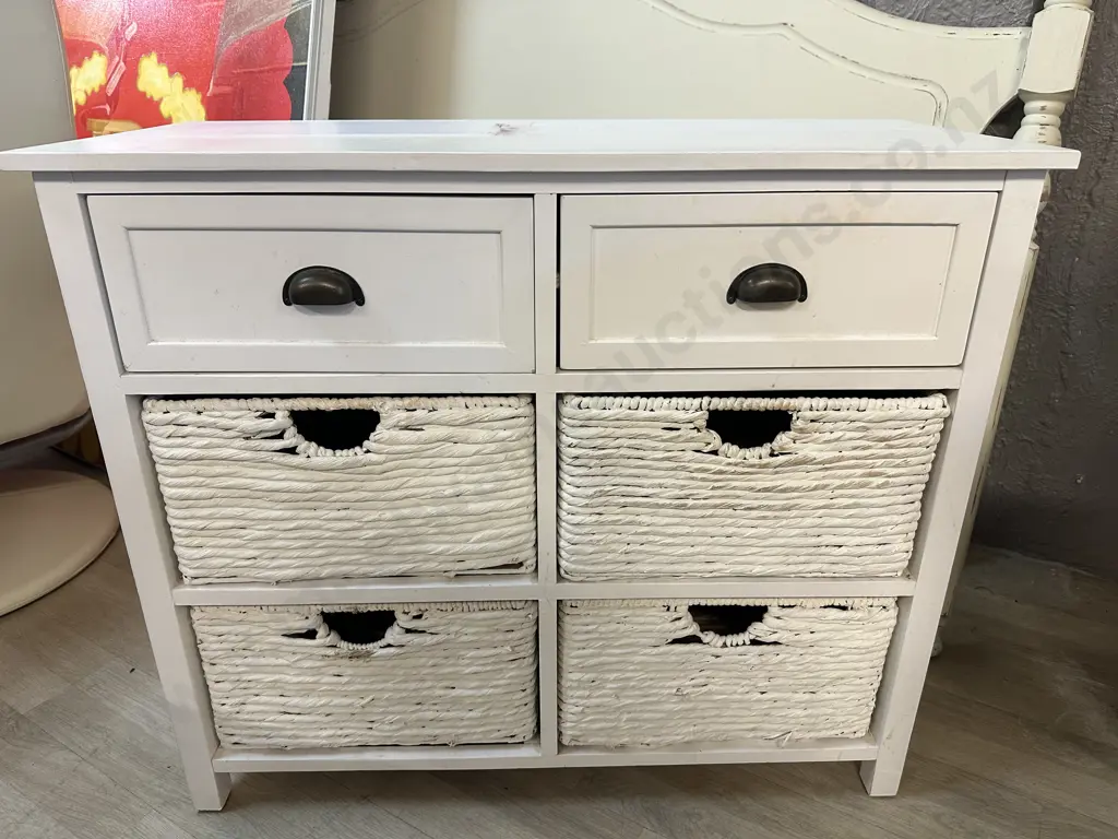 White Painted Storage Unit With Two Drawers & Four Baskets H77,W90,D38cm. Image 1++