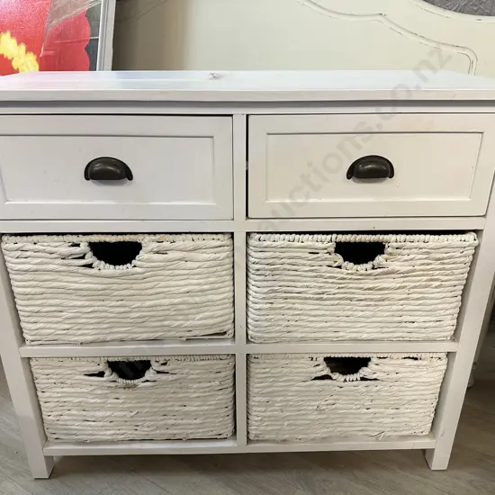 White Painted Storage Unit With Two Drawers & Four Baskets H77,W90,D38cm.
