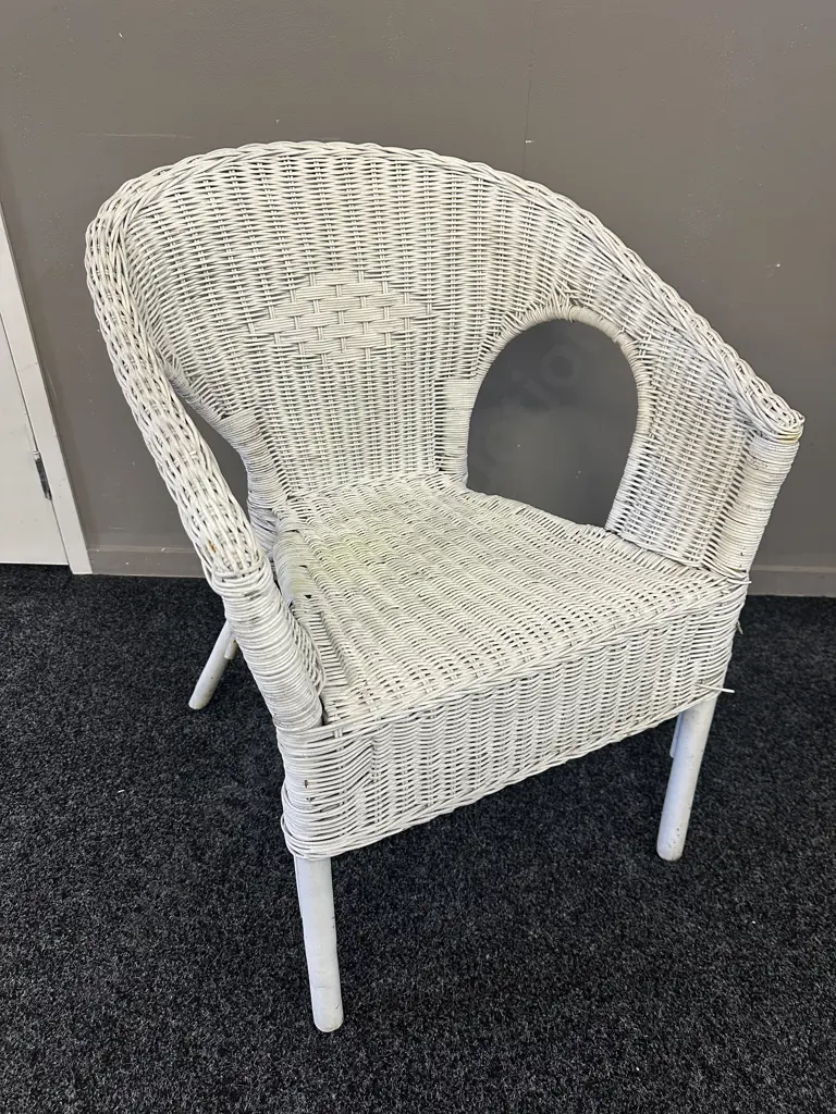 Vintage White Painted Wicker Arm Chair Image 1++