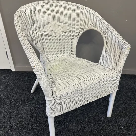 Vintage White Painted Wicker Arm Chair