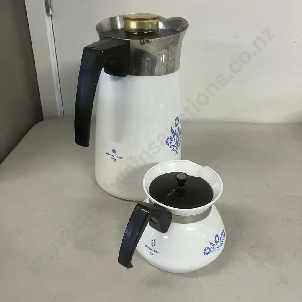 Vintage Corning Ware Blue Cornflower Coffee Percolator 10 Cup (P-149) & 3 Cup Tea Kettle Image 1++