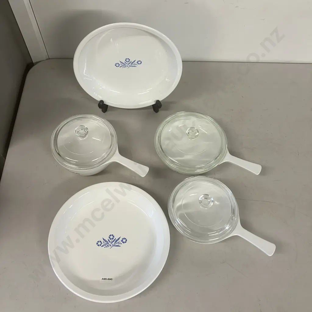 Vintage Corning Ware Blue Cornflower Skillet Pan With Lid, 2 x Sauce Pans With Lids, 2 x 9" Pie Plates Image 1++