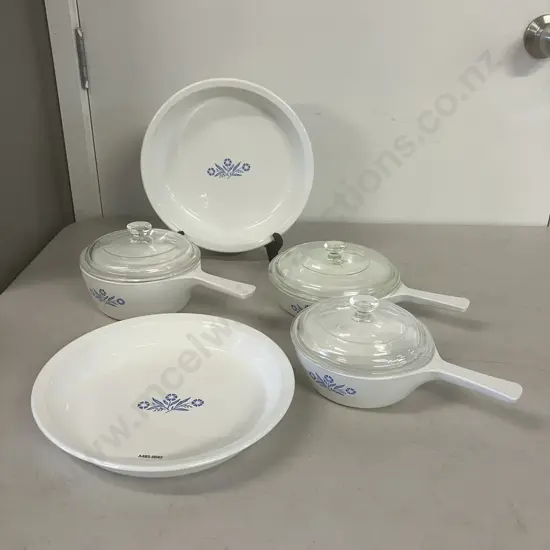 Vintage Corning Ware Blue Cornflower Skillet Pan With Lid, 2 x Sauce Pans With Lids, 2 x 9" Pie Plates