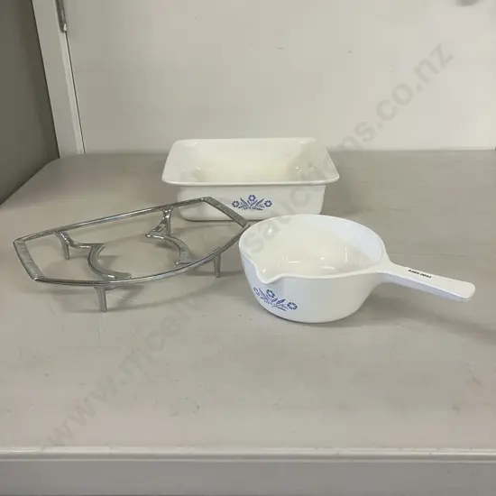 Vintage Corning Ware Blue Cornflower 8" Cake Pan, Menuette Sauce Pan (P-89-B) & Trivet (P-11-M)