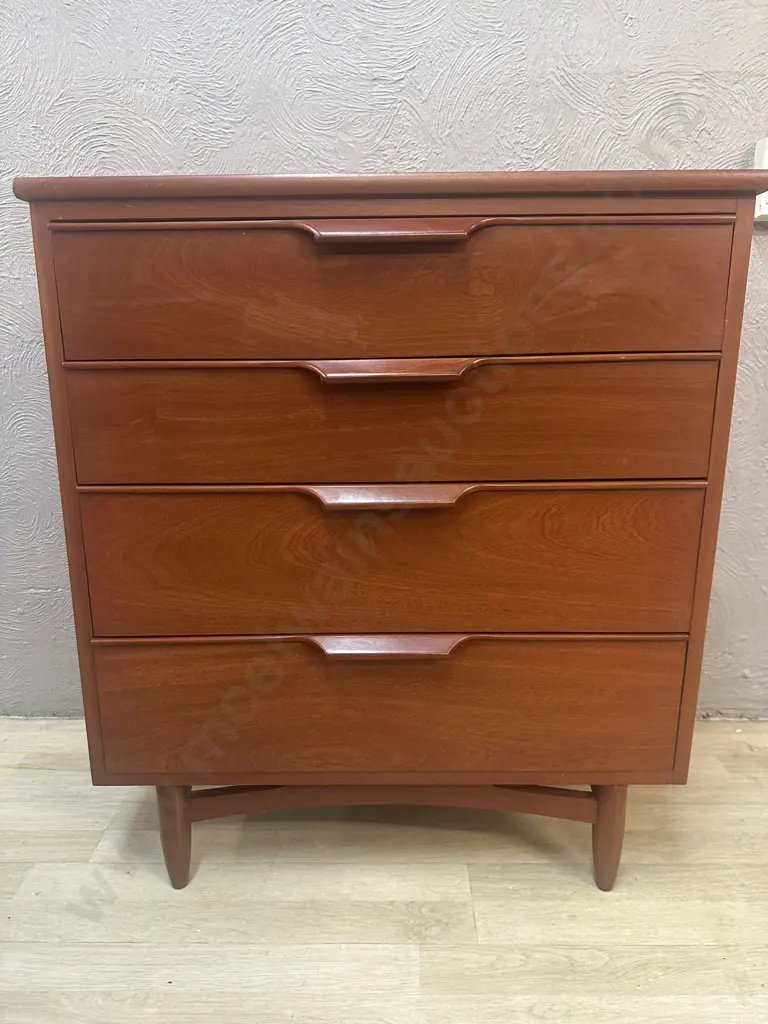 1960s Vintage Mid-Century Modern 4 Drawer Highboy Dresser With Sculpted Handles. H90 W78.5 D41.5cm Image 1++