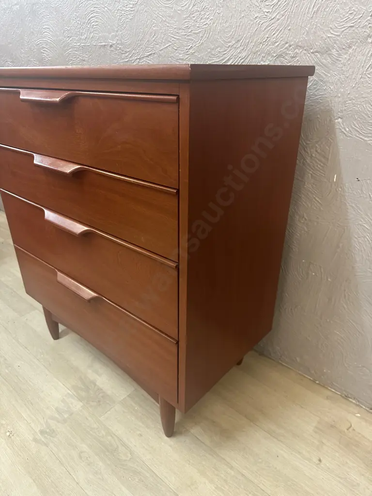 1960s Vintage Mid-Century Modern 4 Drawer Highboy Dresser With Sculpted Handles. H90 W78.5 D41.5cm Image 1++