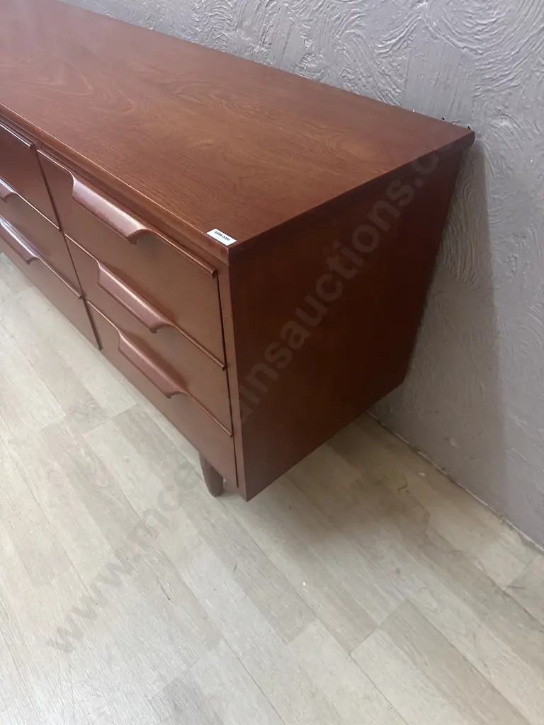 1960s Vintage Mid-Century Modern 9 Drawer Lowboy Dresser With Sculpted Handles. H66 W152.5 D41.5cm Image 1++