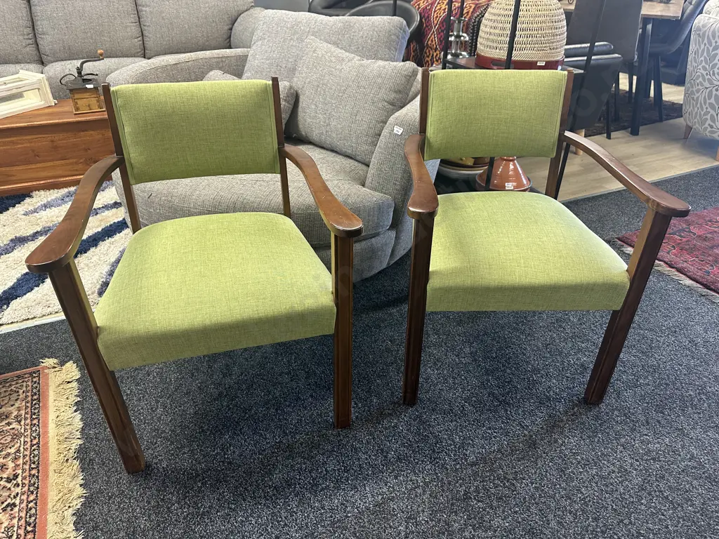 Mahogany Framed Arm Chairs With Lime Green Upholstered Back & Seat  Image 1++