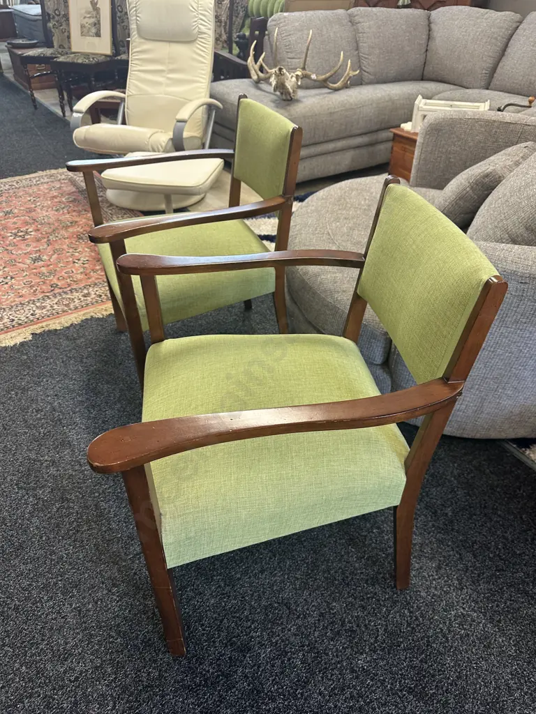Mahogany Framed Arm Chairs With Lime Green Upholstered Back & Seat  Image 1++