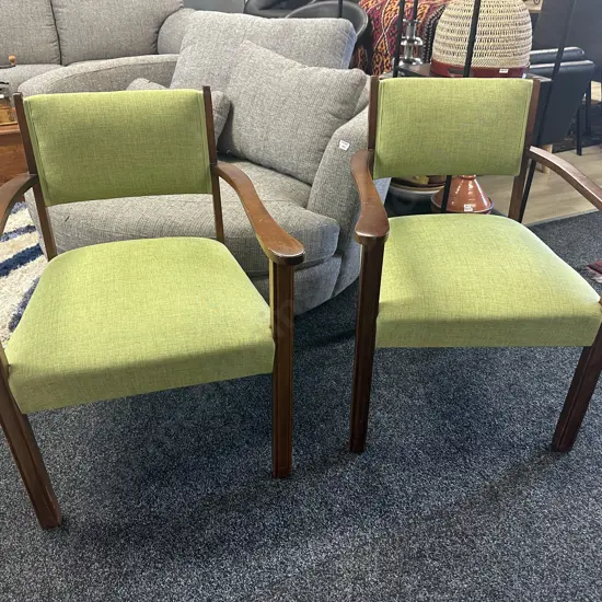 Mahogany Framed Arm Chairs With Lime Green Upholstered Back & Seat 
