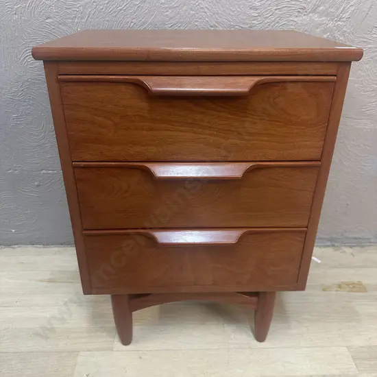 1960s Vintage Mid-Century Modern 3 Drawer Bedside With Sculpted Handles. H66 W49 D36cm
