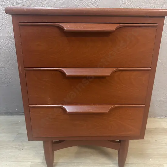 1960s Vintage Mid-Century Modern 3 Drawer Bedside With Sculpted Handles. H66 W49 D35cm