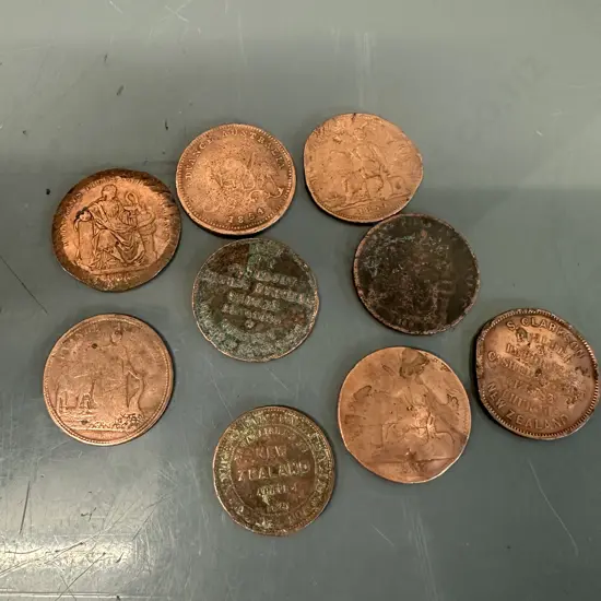 Selection Of Token Coins Including Hollaways Pills & Ointment 1858, S Clarkson Builder 1875 Etc