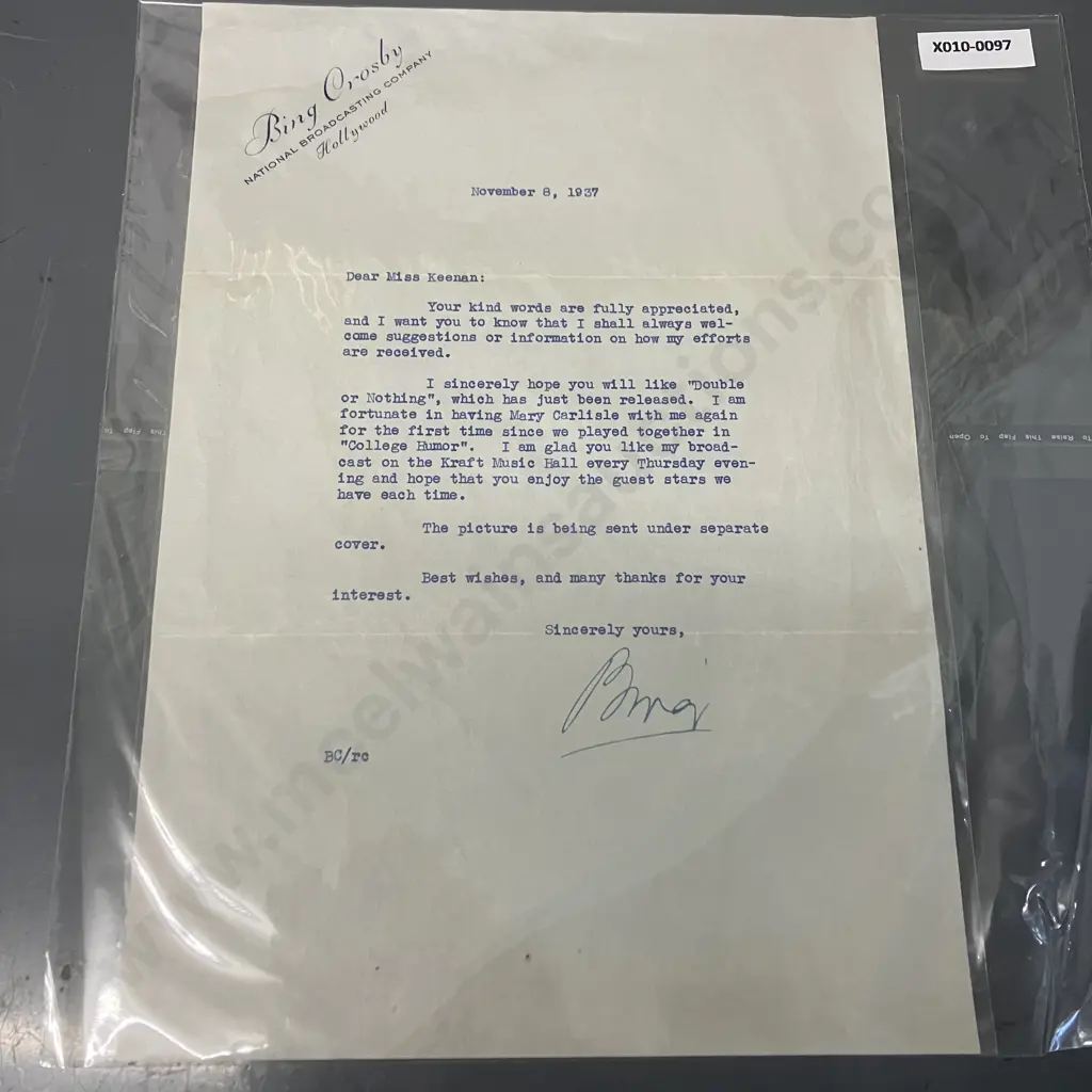 Bing Crosby Autograph - Signed Typed Letter from Bing Crosby Dated November 8, 1937 Image 1++