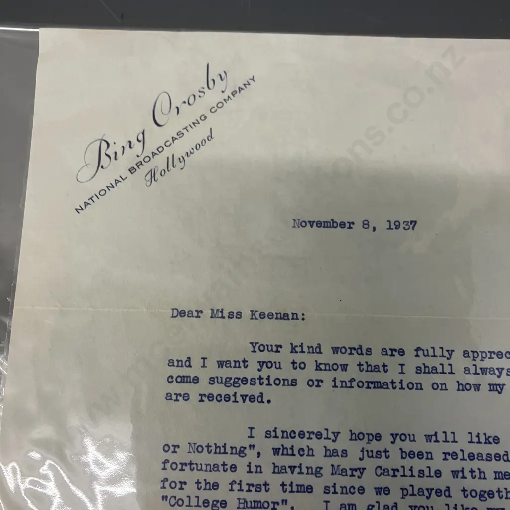 Bing Crosby Autograph - Signed Typed Letter from Bing Crosby Dated November 8, 1937 Image 1++