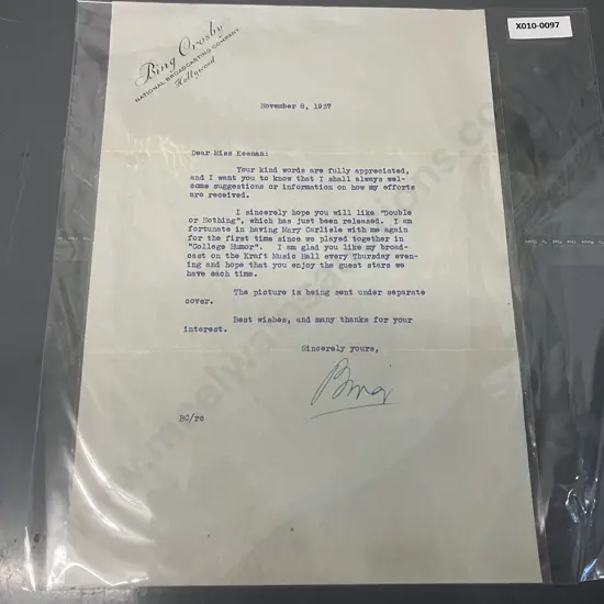 Bing Crosby Autograph - Signed Typed Letter from Bing Crosby Dated November 8, 1937