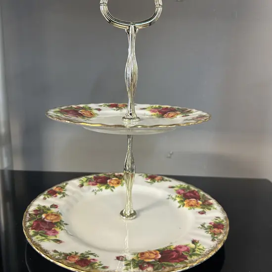 Vintage Royal Albert Bone China Old Country Rose Two Tier Cake Stand H25cm.