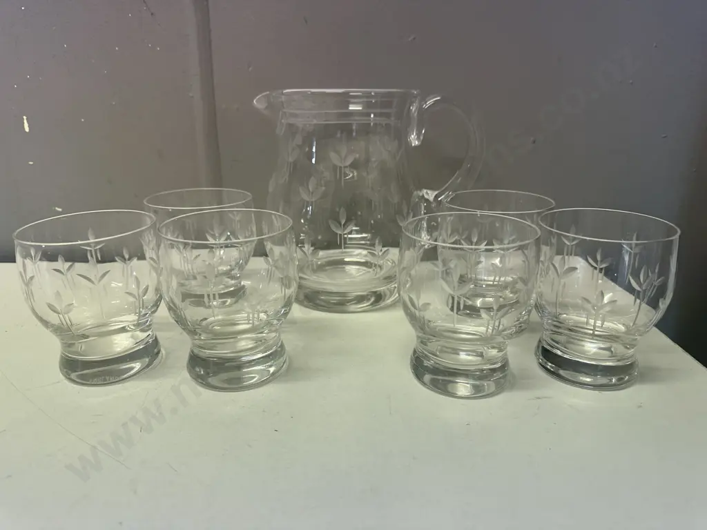 Vintage Etched Glass Pitcher With Six Footed Glasses Image 1++