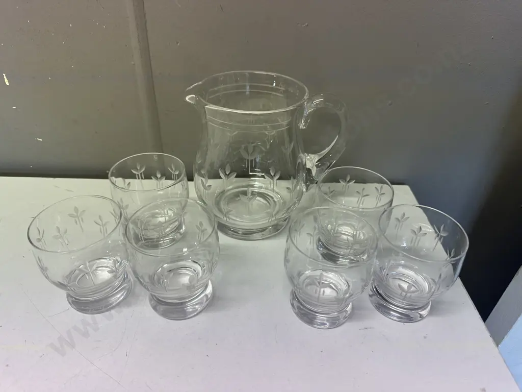 Vintage Etched Glass Pitcher With Six Footed Glasses Image 1++