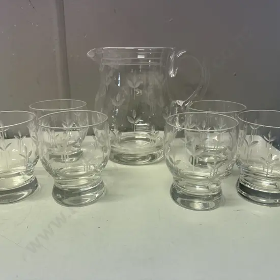 Vintage Etched Glass Pitcher With Six Footed Glasses