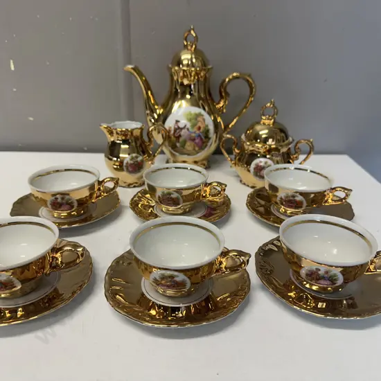 Vintage Gold Plated Porcelain Demitasse Tea Set For Six