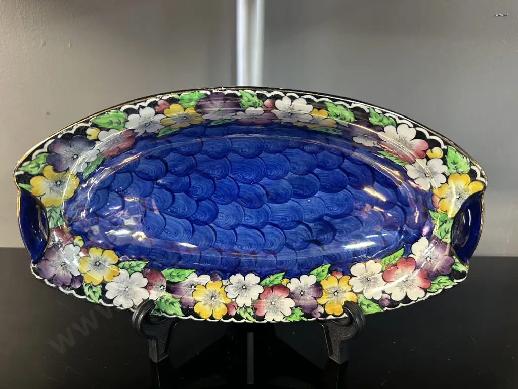 1930s Decorative Maling Lustre Bowl In Blue Floral Thumb Print Floral Design Image 1++