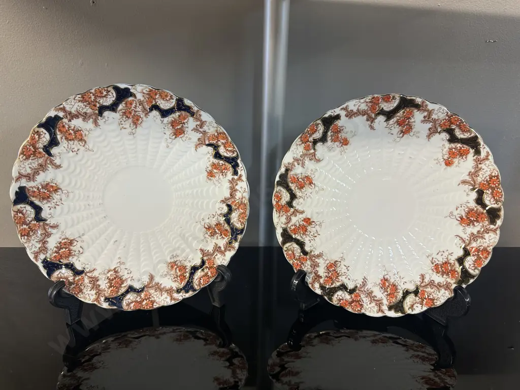 Circa 1900 Scalloped Gilt Edge Hand Painted Plates Floral Design Orange & Black Dia22cm. Image 1++