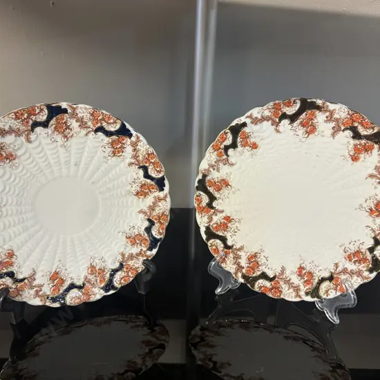 Circa 1900 Scalloped Gilt Edge Hand Painted Plates Floral Design Orange & Black Dia22cm.