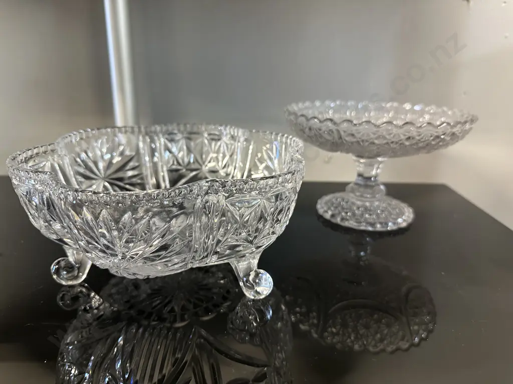 Vintage Cut Glass Pedestal Tassa & Tri Footed Crystal Bowl Image 1++