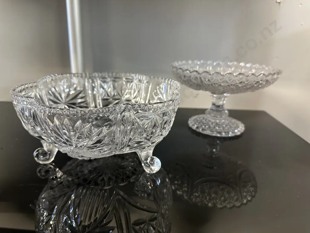 Vintage Cut Glass Pedestal Tassa & Tri Footed Crystal Bowl Image 1++