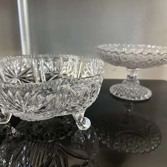 Vintage Cut Glass Pedestal Tassa & Tri Footed Crystal Bowl