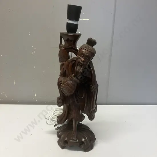 Vintage Wooden Carved Chinese Figure Table Lamp Base. H43cn
