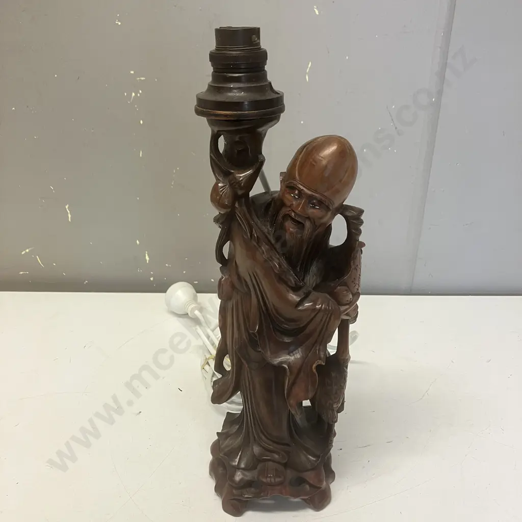 Vintage Wooden Carved Chinese Figure Table Lamp Base. H35cn Image 1++
