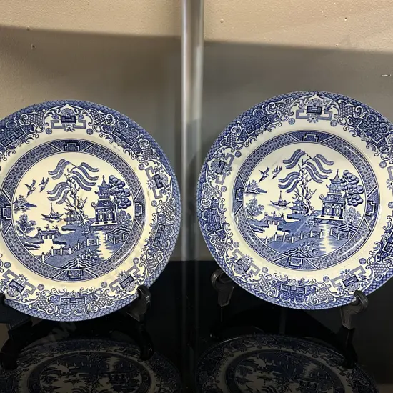 Vintage Blue & White Ironstone Willow Pattern Tea Plate x2