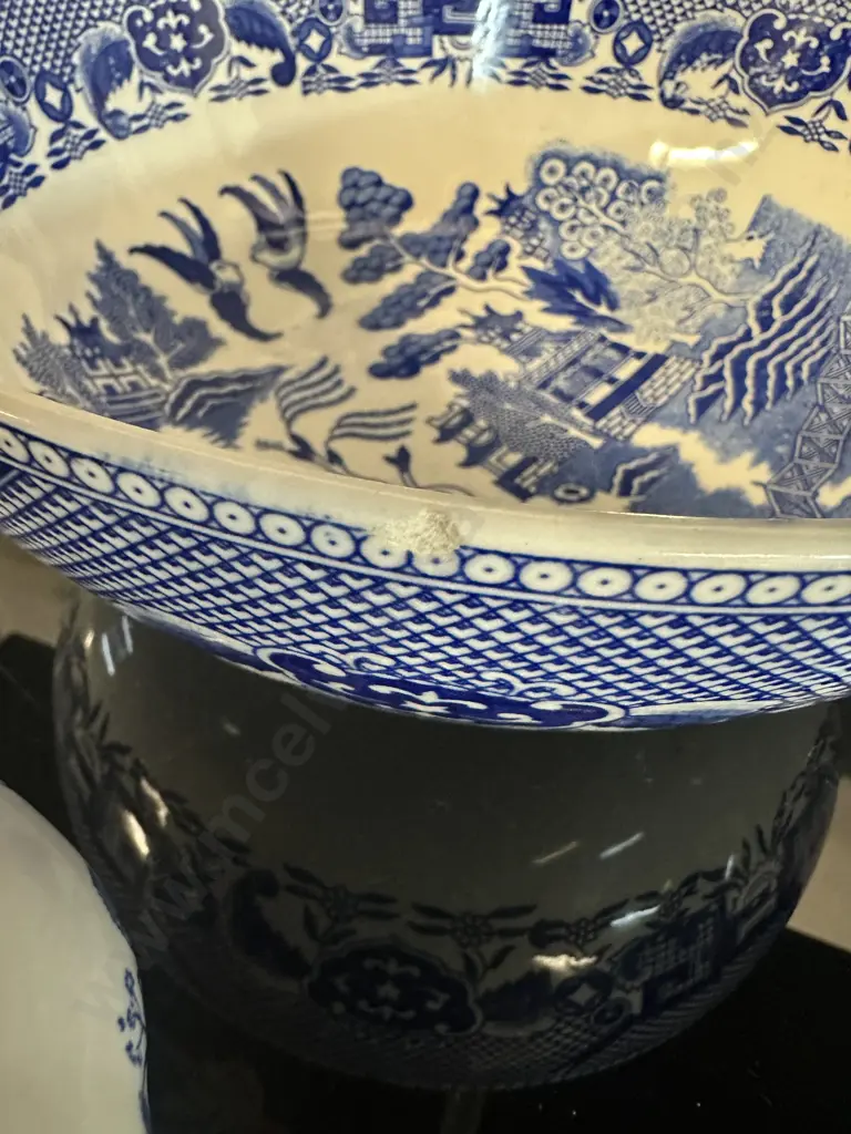 Vintage Blue & White  Willow Pattern Bowl (as found) Dia25cm & Burleighware Willow Sugar Bowl & Creamer Image 1++