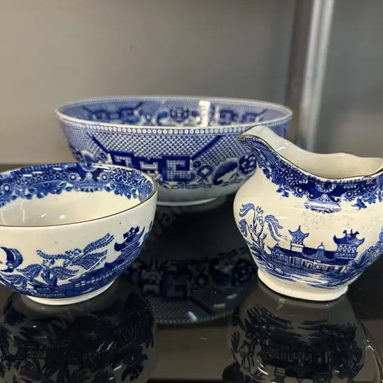 Vintage Blue & White  Willow Pattern Bowl (as found) Dia25cm & Burleighware Willow Sugar Bowl & Creamer