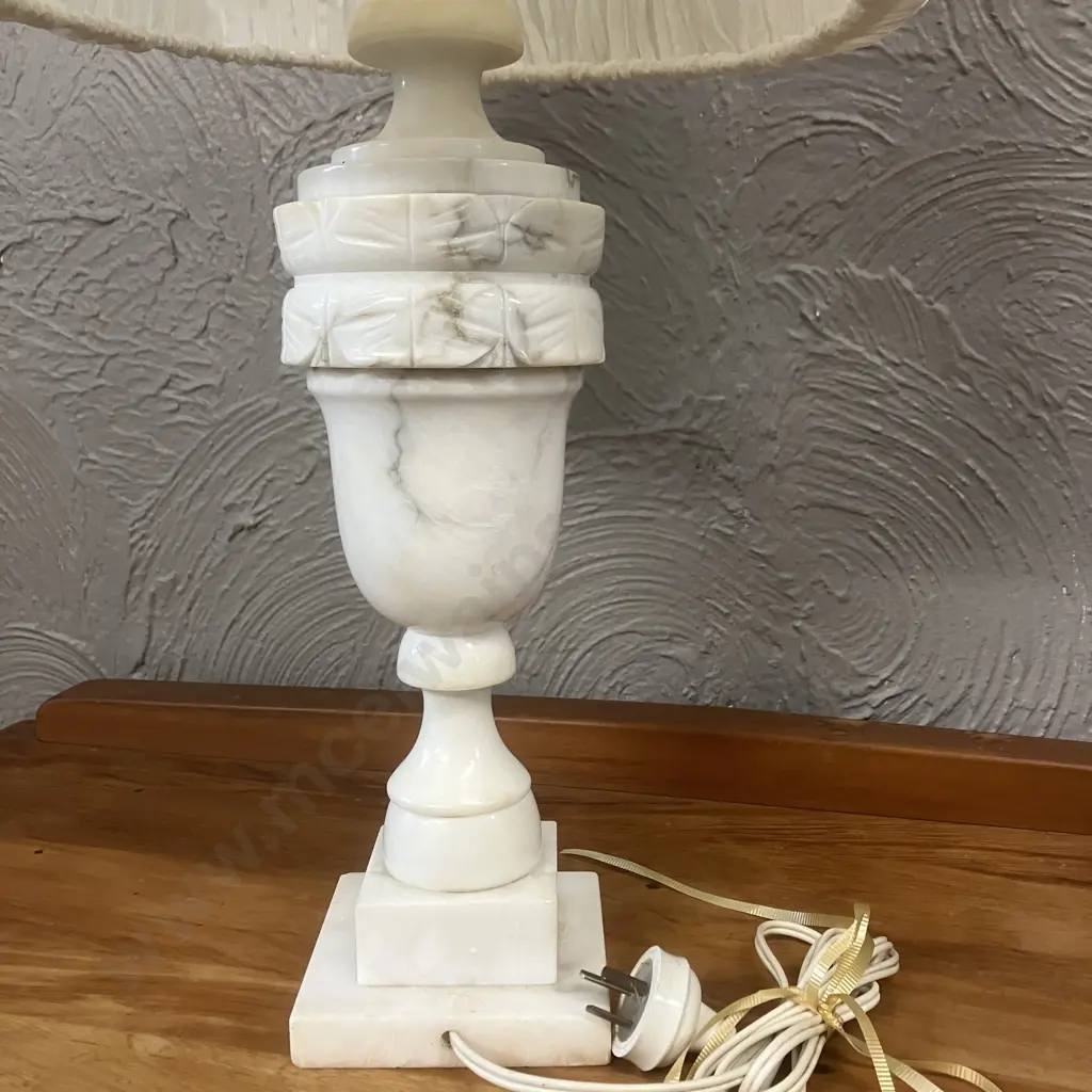 Alabaster Carved Table Lamp With White Shade. H 63cm Image 1++