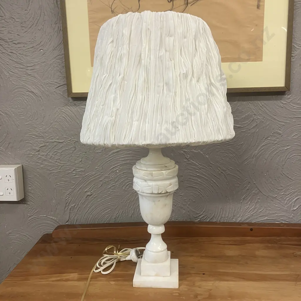 Alabaster Carved Table Lamp With White Shade. H 63cm Image 1++