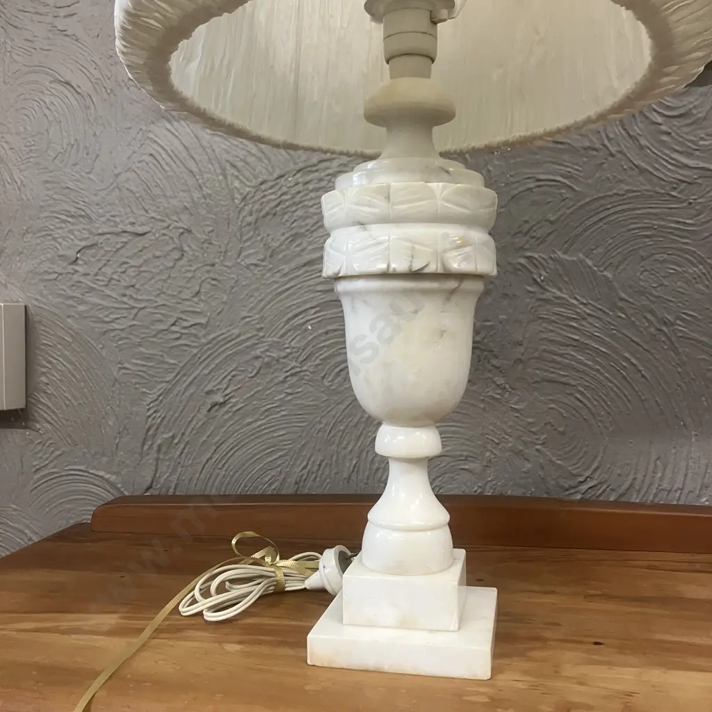Alabaster Carved Table Lamp With White Shade. H 63cm Image 1++