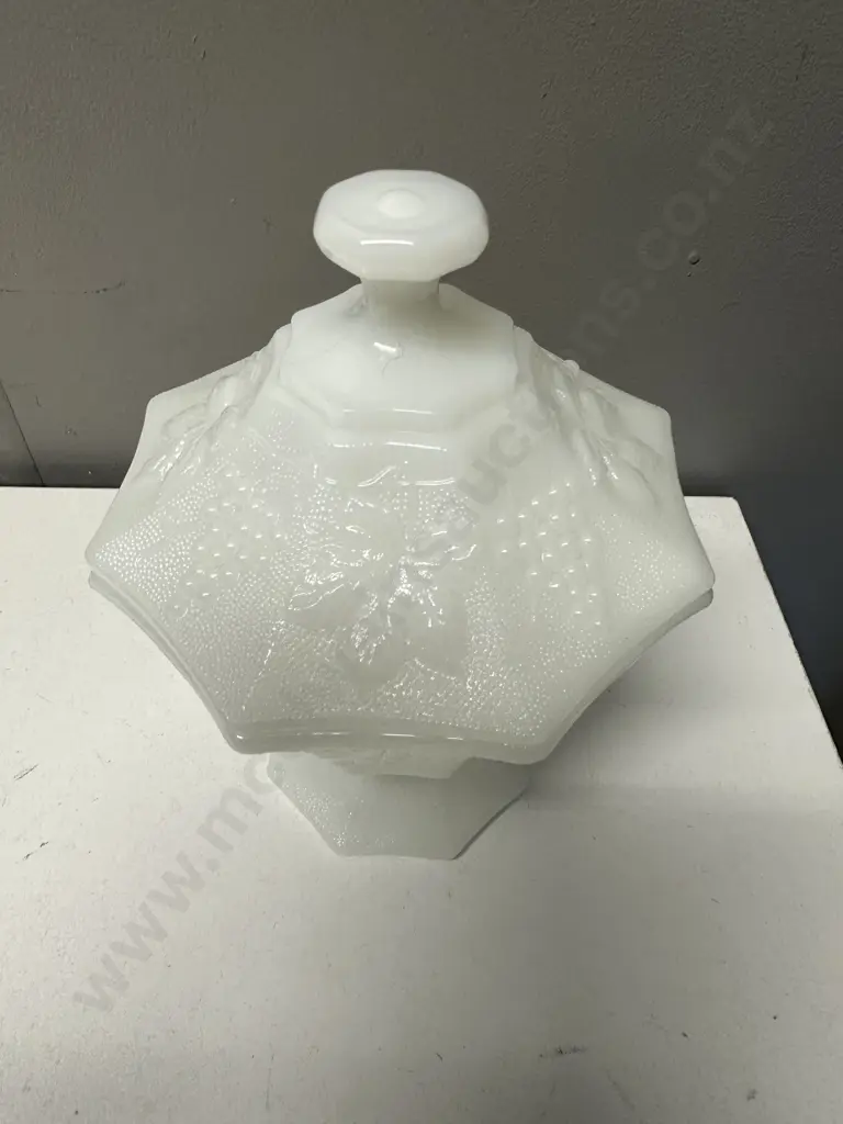 Vintage White Milk Glass Hexagonal Shape Lidded Candy Dish Embossed Grape & Vine Motif H20cm. Image 1++