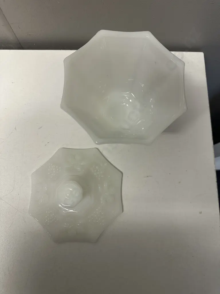 Vintage White Milk Glass Hexagonal Shape Lidded Candy Dish Embossed Grape & Vine Motif H20cm. Image 1++