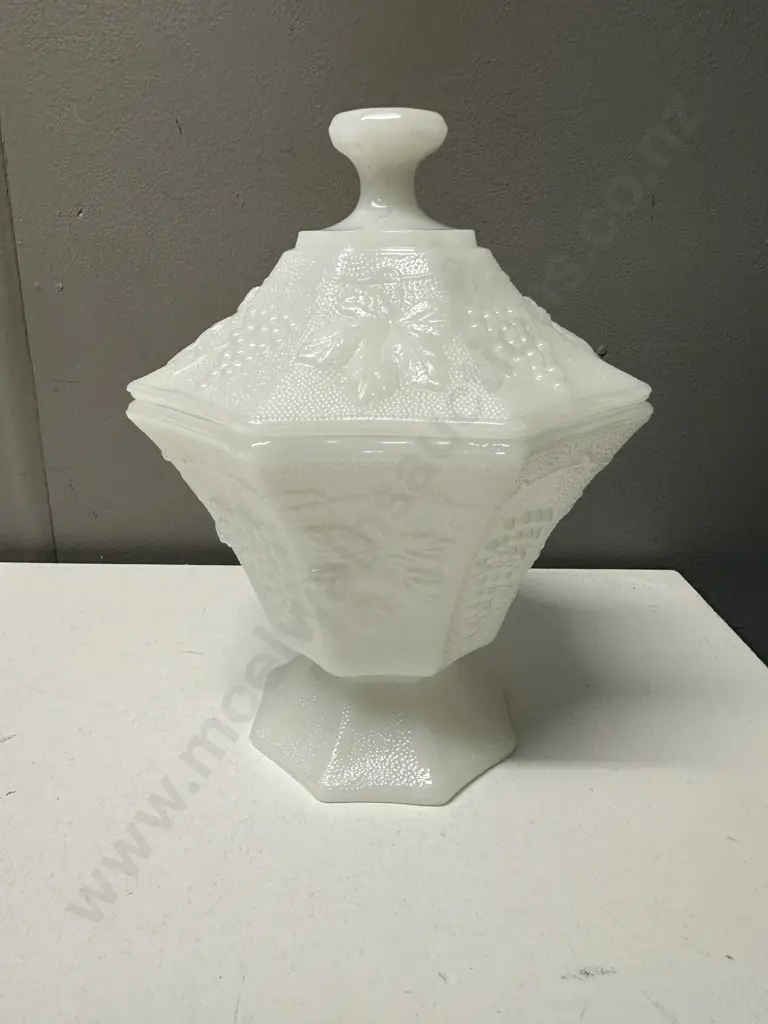 Vintage White Milk Glass Hexagonal Shape Lidded Candy Dish Embossed Grape & Vine Motif H20cm. Image 1++