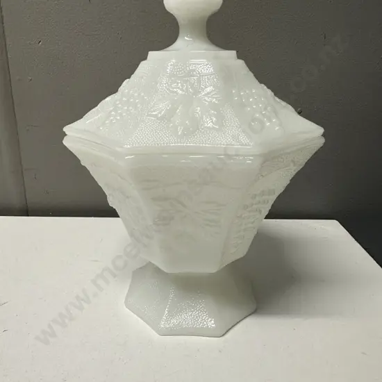 Vintage White Milk Glass Hexagonal Shape Lidded Candy Dish Embossed Grape & Vine Motif H20cm.
