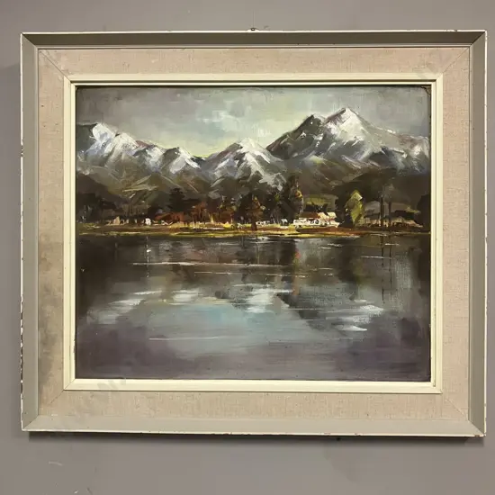 Florence M. Luxford Framed Oil On Board Showing Snow Capped Mountains & Lake. 65 x 76cm, Signed Bottom Right