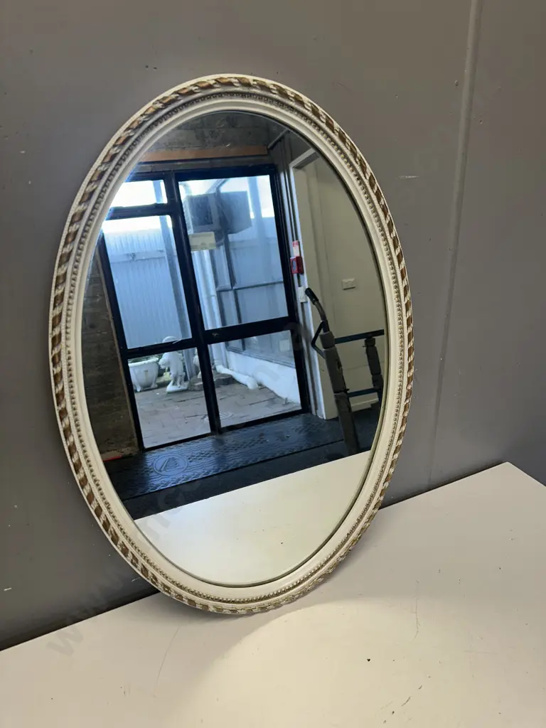 Vintage Oval Wall Mirror With Gilt & Cream Wooden Frame. 65 x 45cm Image 1++