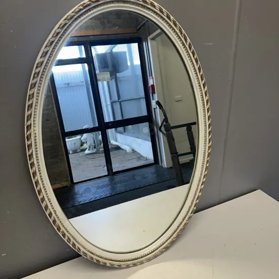 Vintage Oval Wall Mirror With Gilt & Cream Wooden Frame. 65 x 45cm
